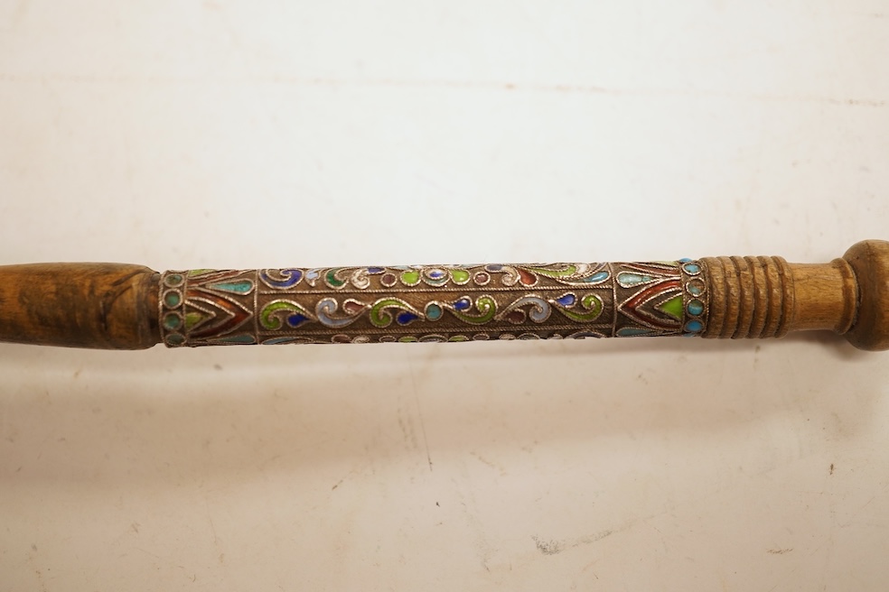 A Russian or eastern European rootwood spoon with enamel handle, 24cm in length
